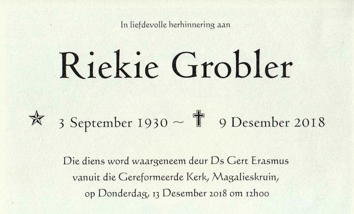 GROBLER-Riekie-1930-2018-F-97