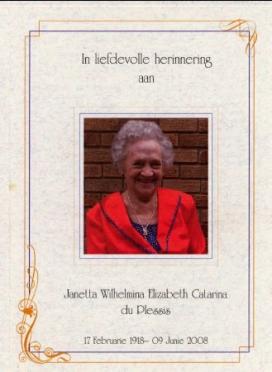 PLESSIS-DU-Janetta-Wilhelmina-Elizabeth-Catarina-Nn-Nettie-1918-2008-F